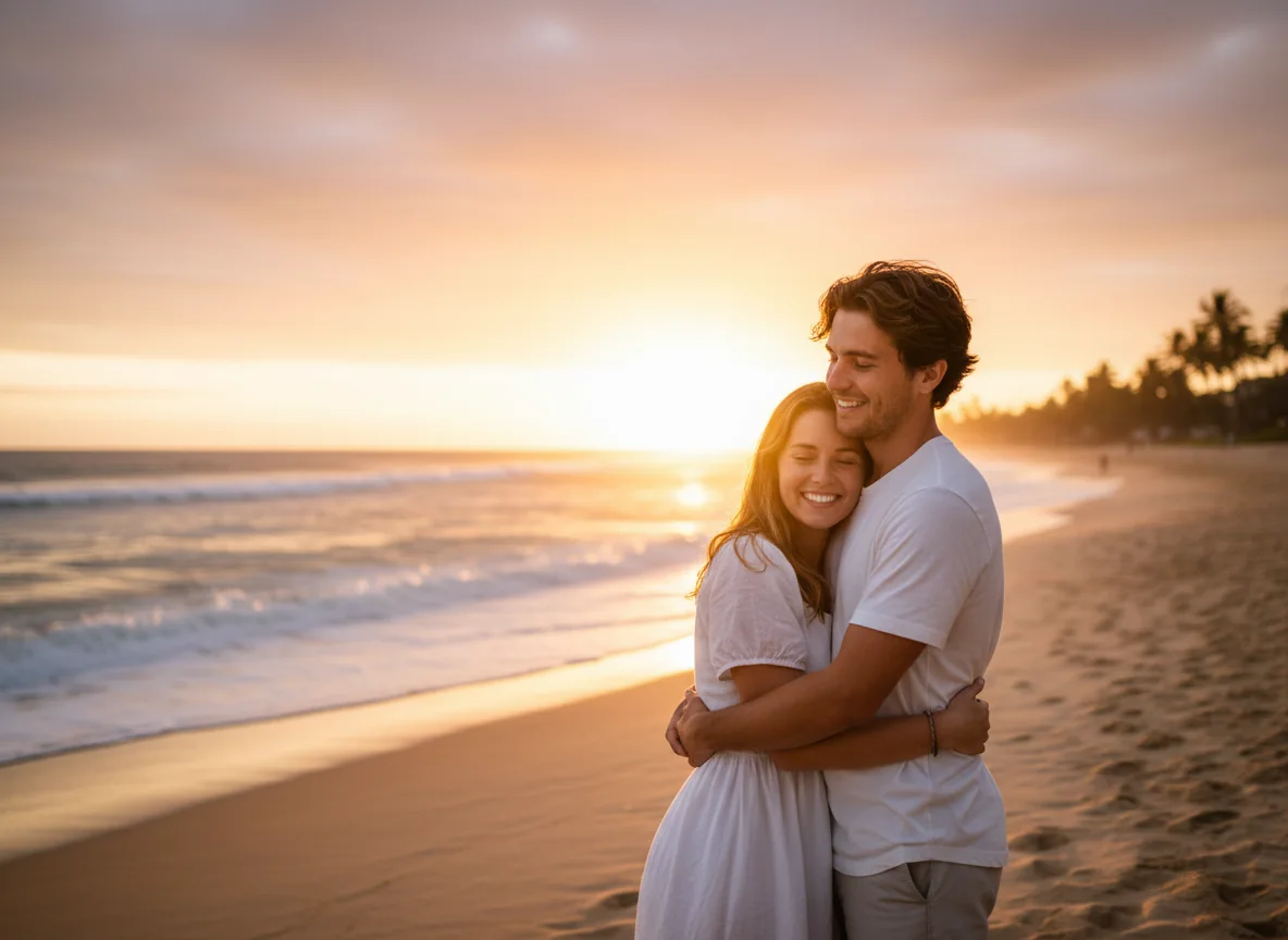 Couple walking on a beach at sunset before conversion