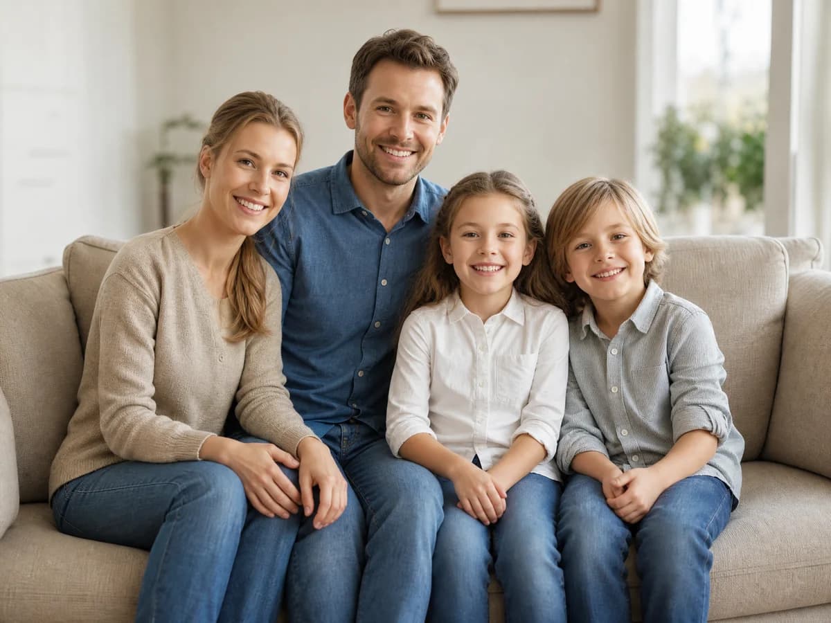 Parents and two children posing together on a sofa