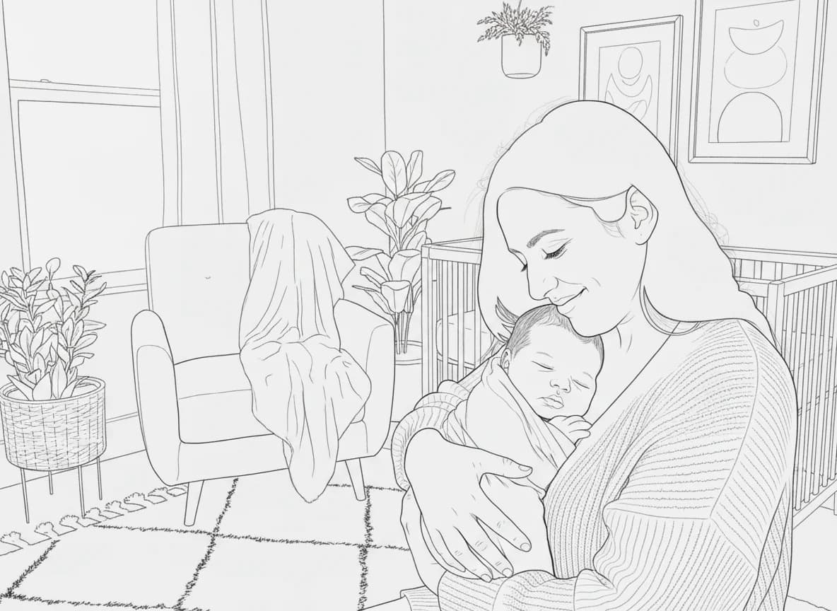 Newborn and mother photo converted into a printable coloring page