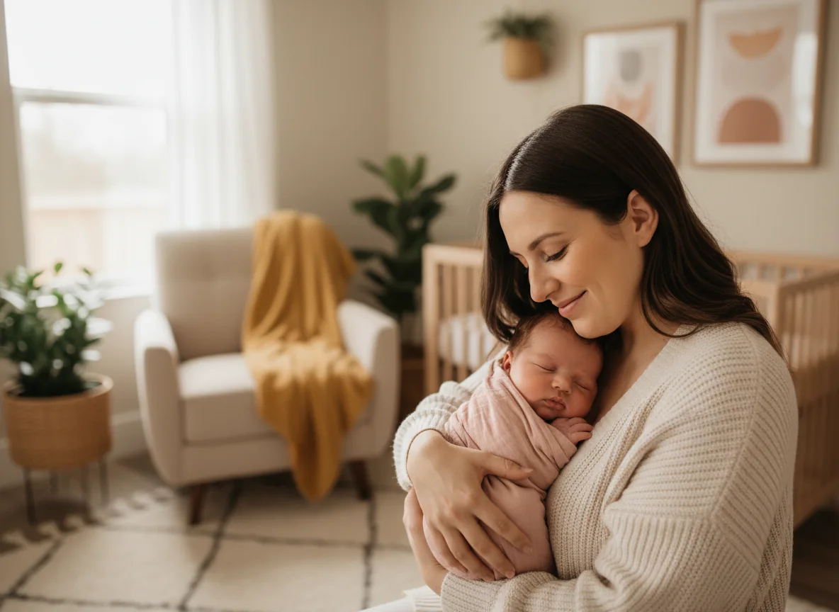 Mother holding her newborn baby before conversion