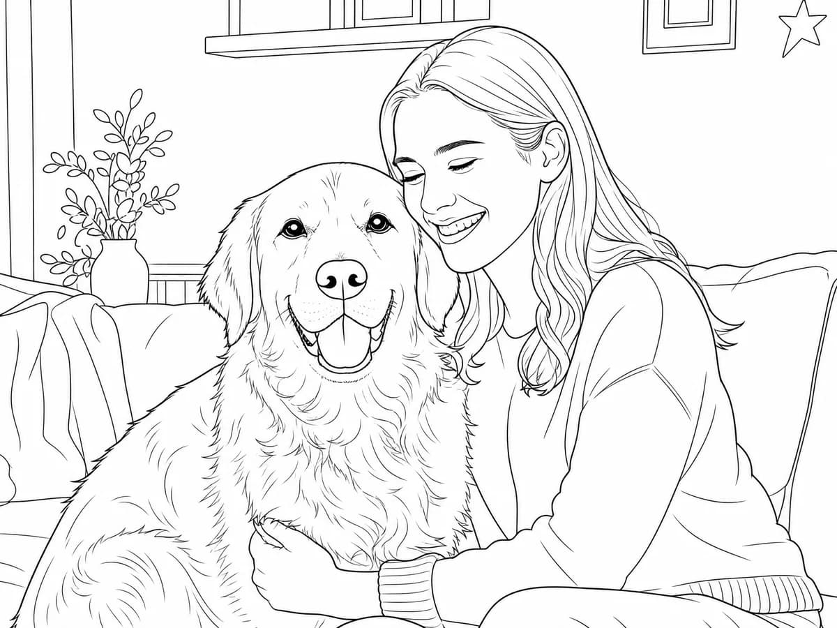 Pet and owner photo converted into a printable coloring page
