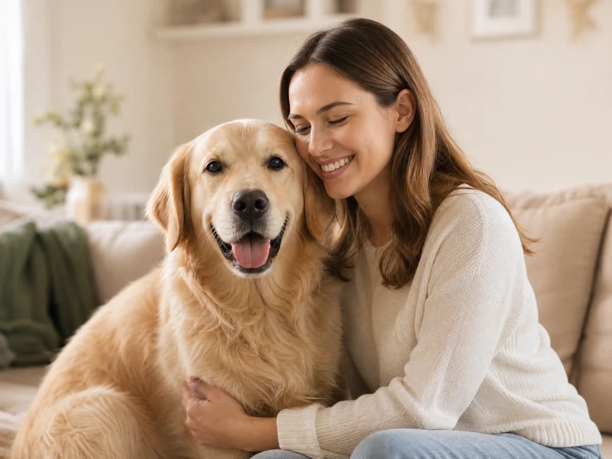Woman hugging her golden retriever in a bright living room