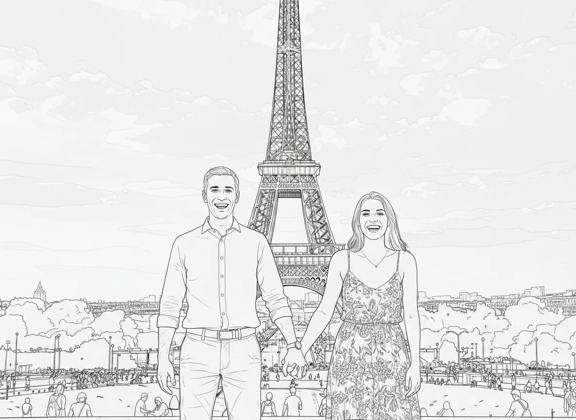 Paris travel photo converted into a printable coloring page