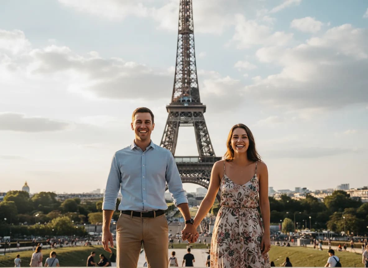 Friends posing near the Eiffel Tower before conversion