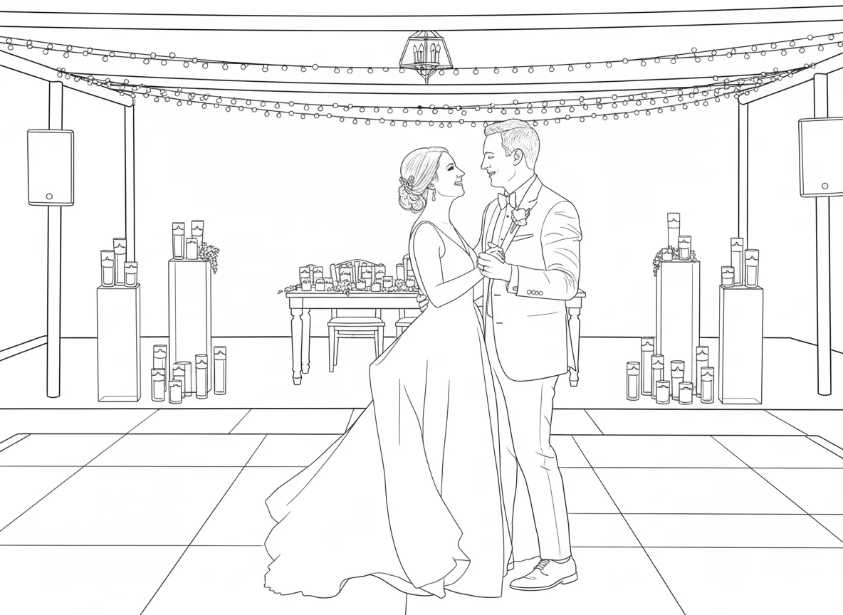 Wedding first dance photo converted into a printable coloring page