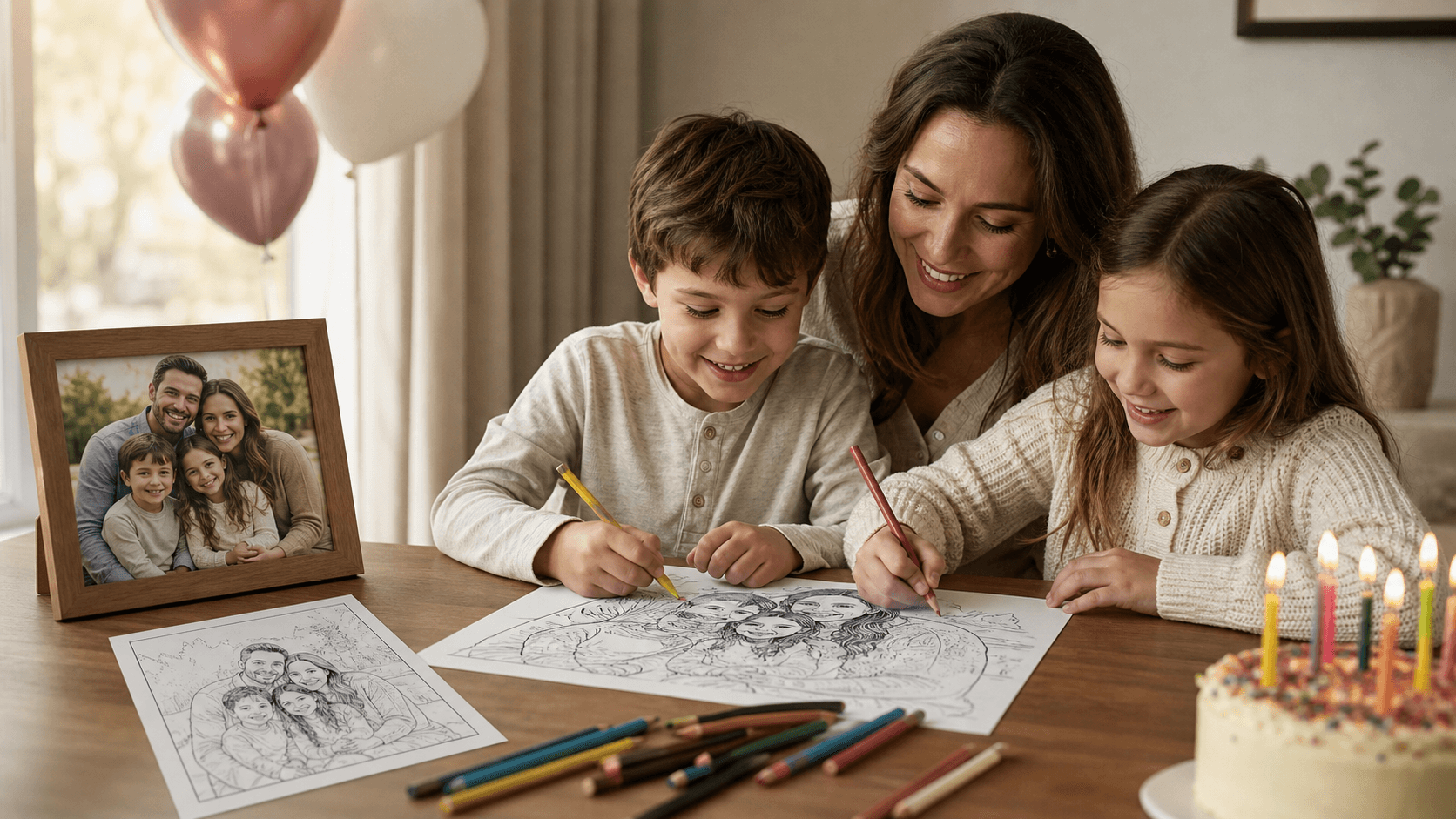 Una familia colorea una página de cumpleaños personalizada en la mesa de la cocina
