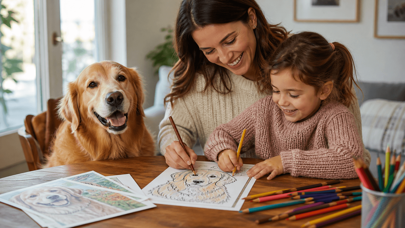 Una niña y una persona adulta colorean un dibujo de su perro