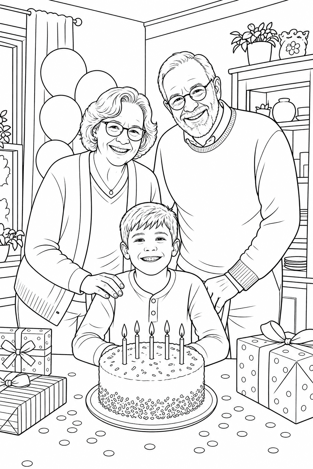 Child celebrating with grandparents, cake and gifts in a printable birthday coloring page