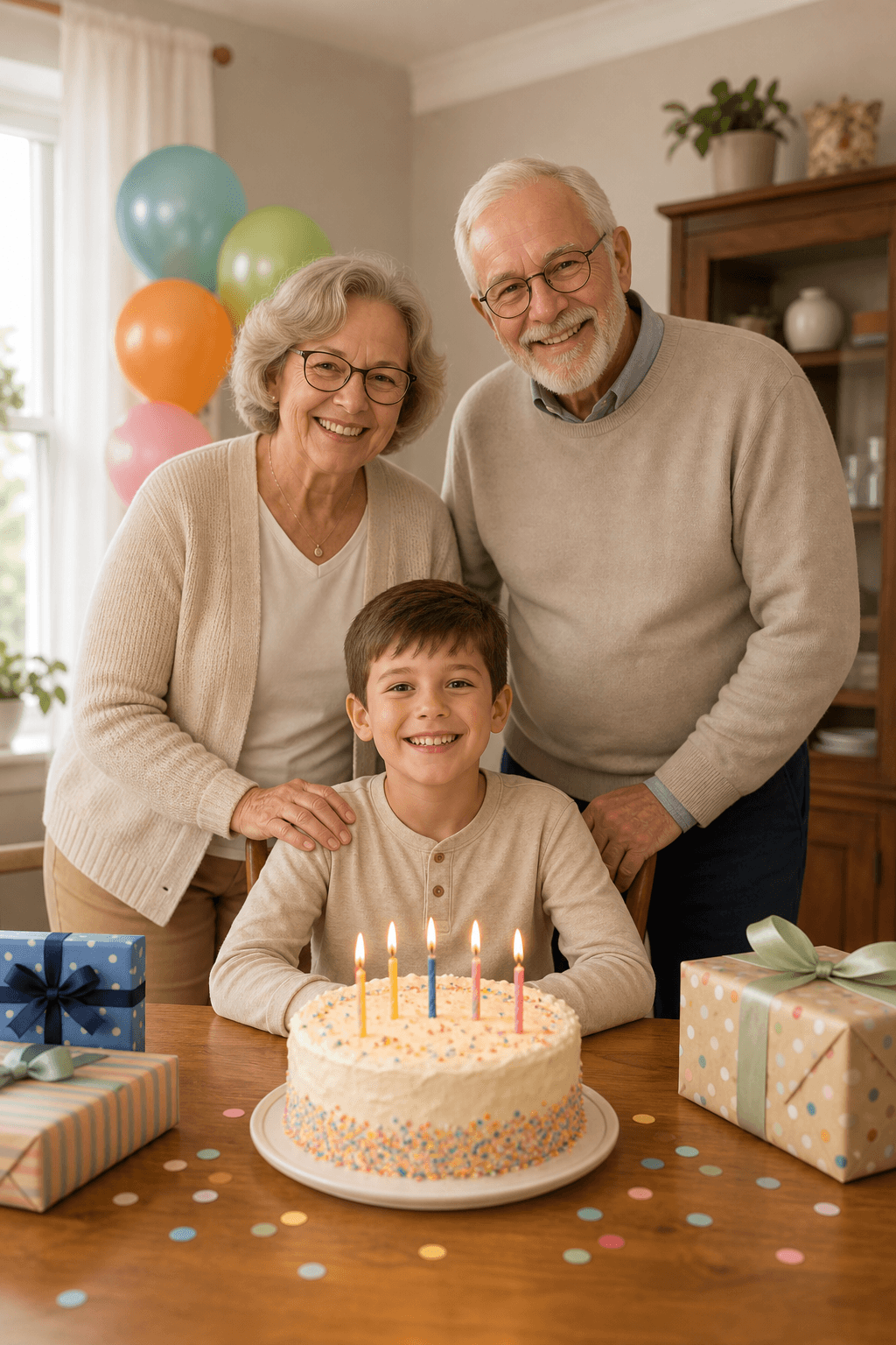 Child at a birthday table before adding grandparents with the prompt