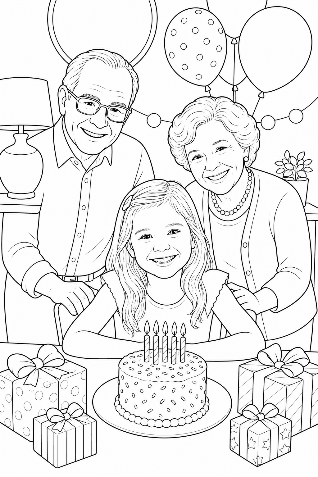 Child celebrating with grandparents in a printable birthday coloring page