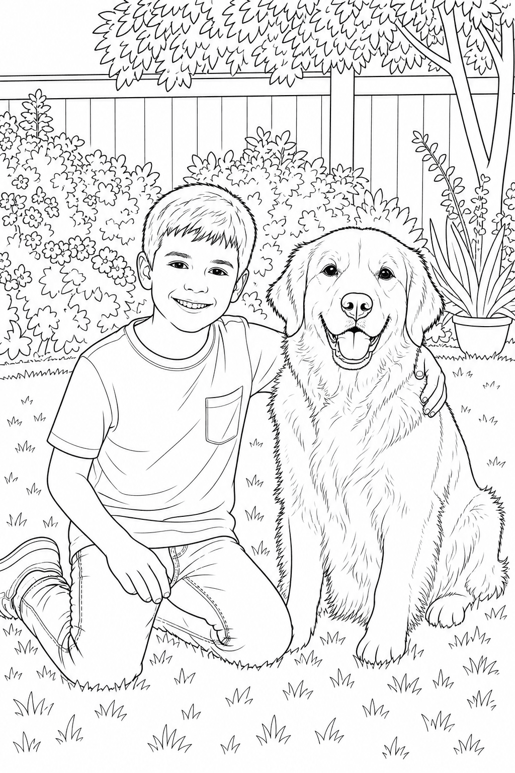 Child sitting beside a golden retriever in printable garden line art