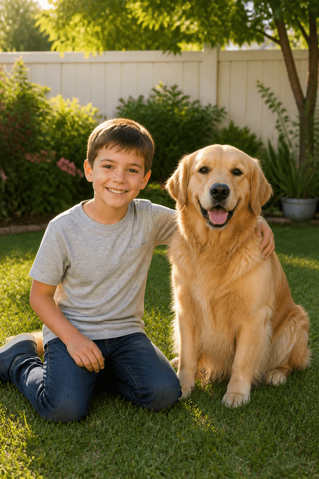 Child sitting in a garden before adding a dog with the prompt