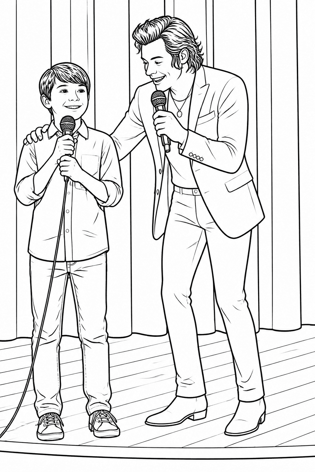 Child singing beside a favorite performer in a printable stage coloring page