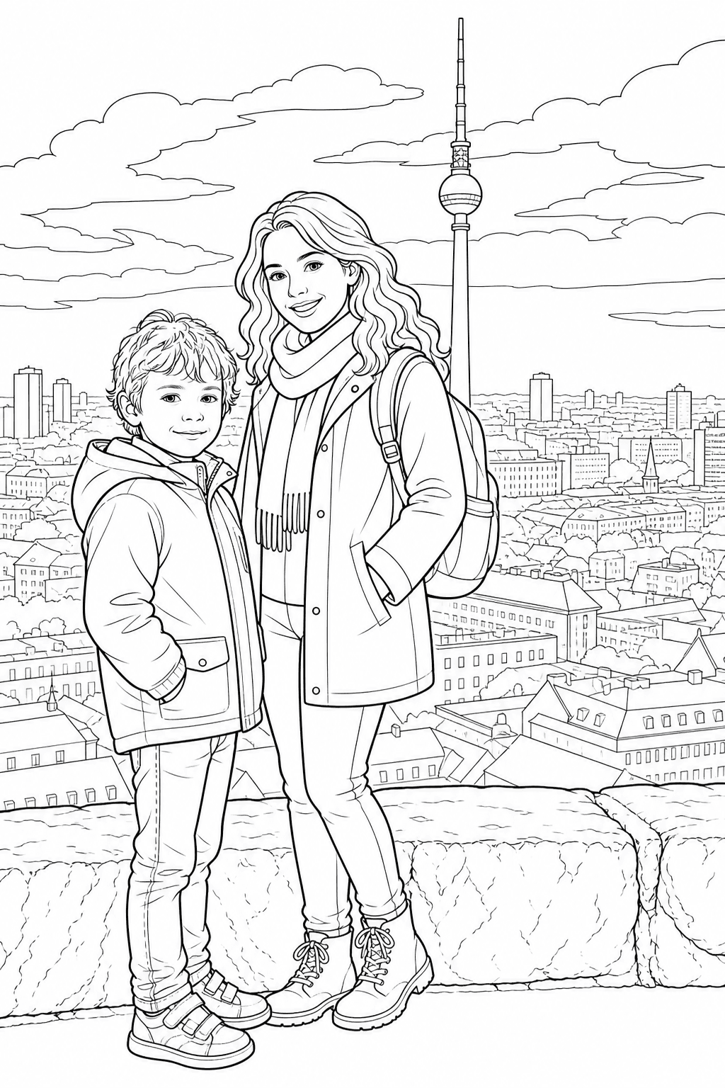 Child posing with a travel companion at a city overlook in printable line art