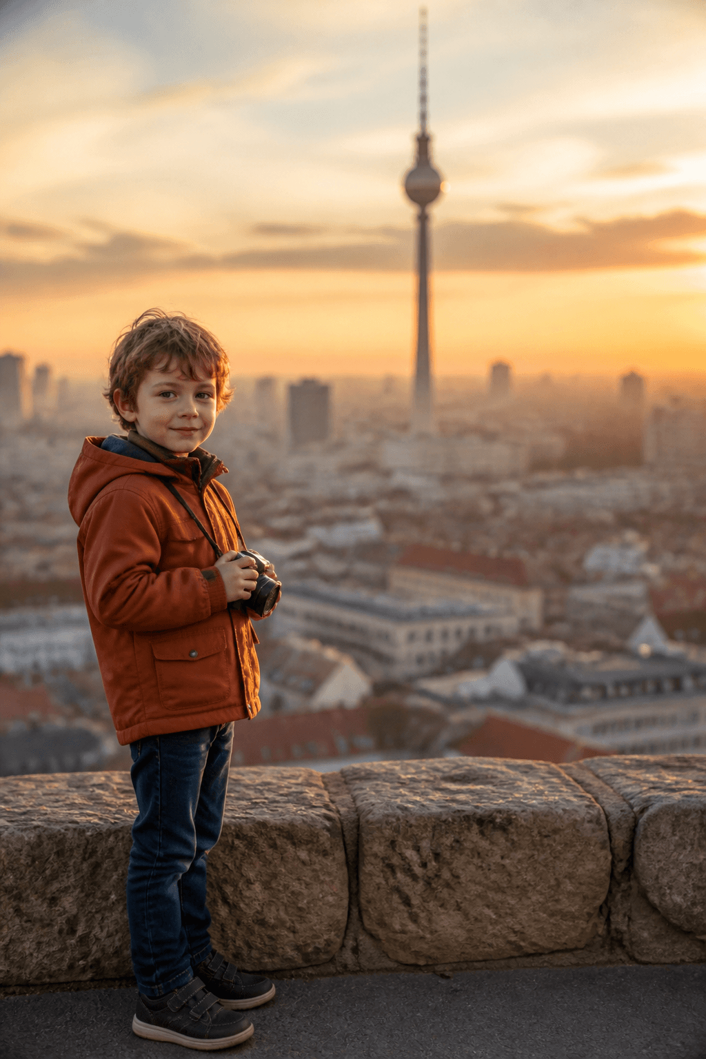 Child with a camera at a city overlook before the prompt edit