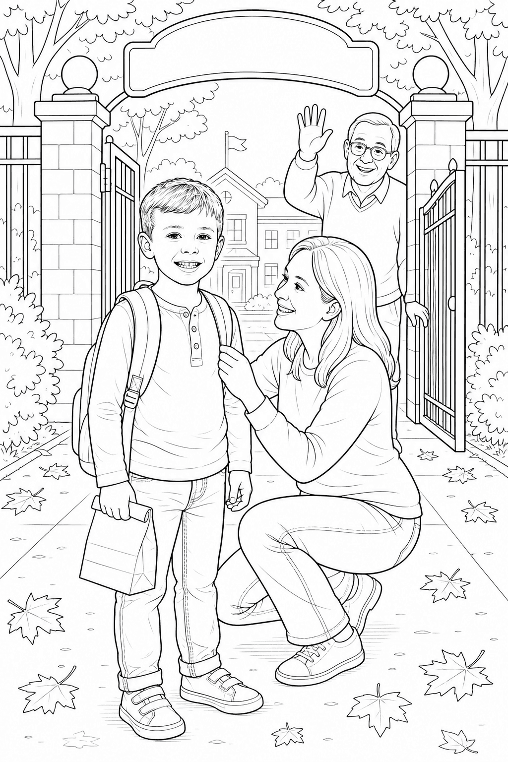 Child saying goodbye with a parent and grandparent at the school gate in a printable first-day coloring page