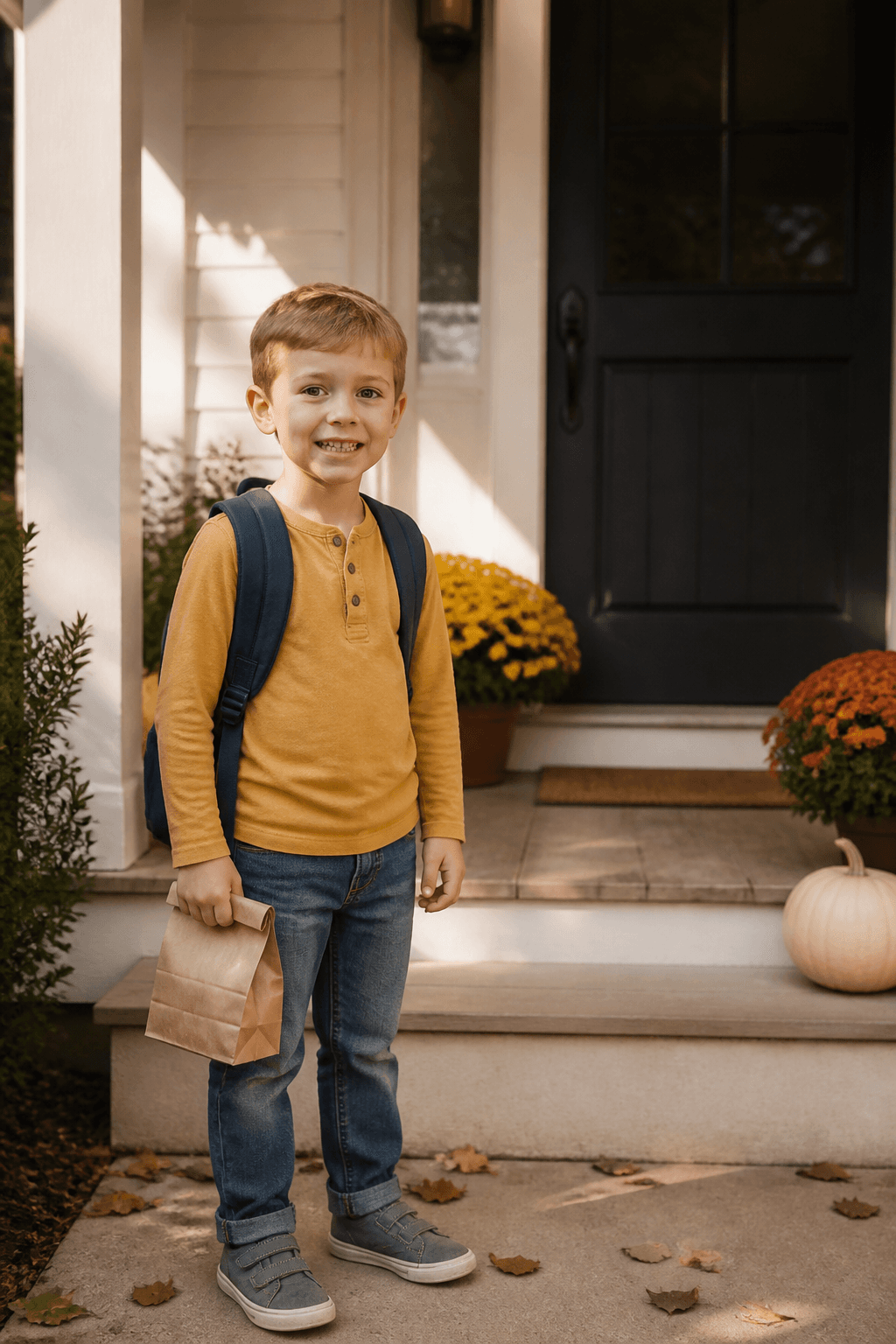 Child standing at home with a backpack and lunch bag before the first-day-of-school prompt edit