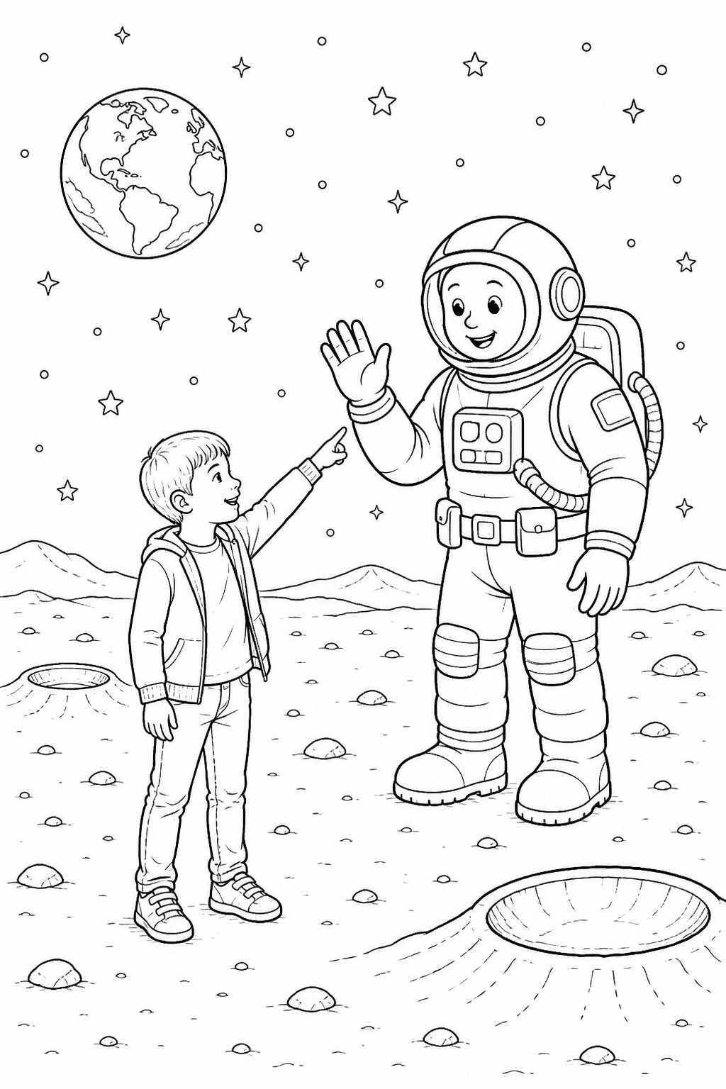 Museum scene changed into a moon adventure with a friendly space explorer