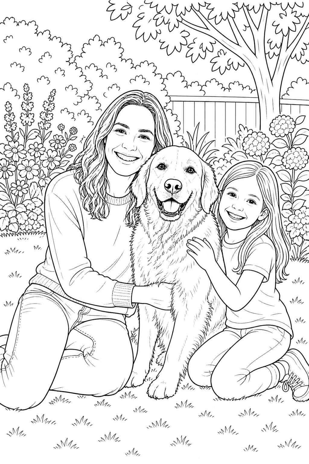 Woman, child and golden retriever together in a printable garden coloring page