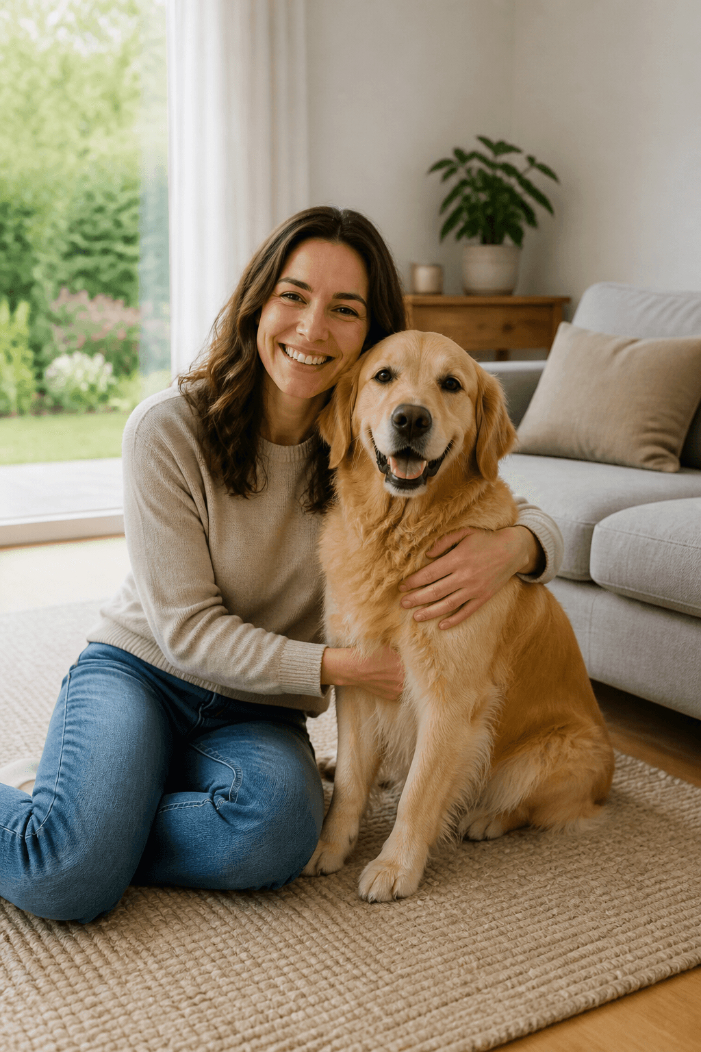 Woman and golden retriever in an original garden photo before the prompt edit