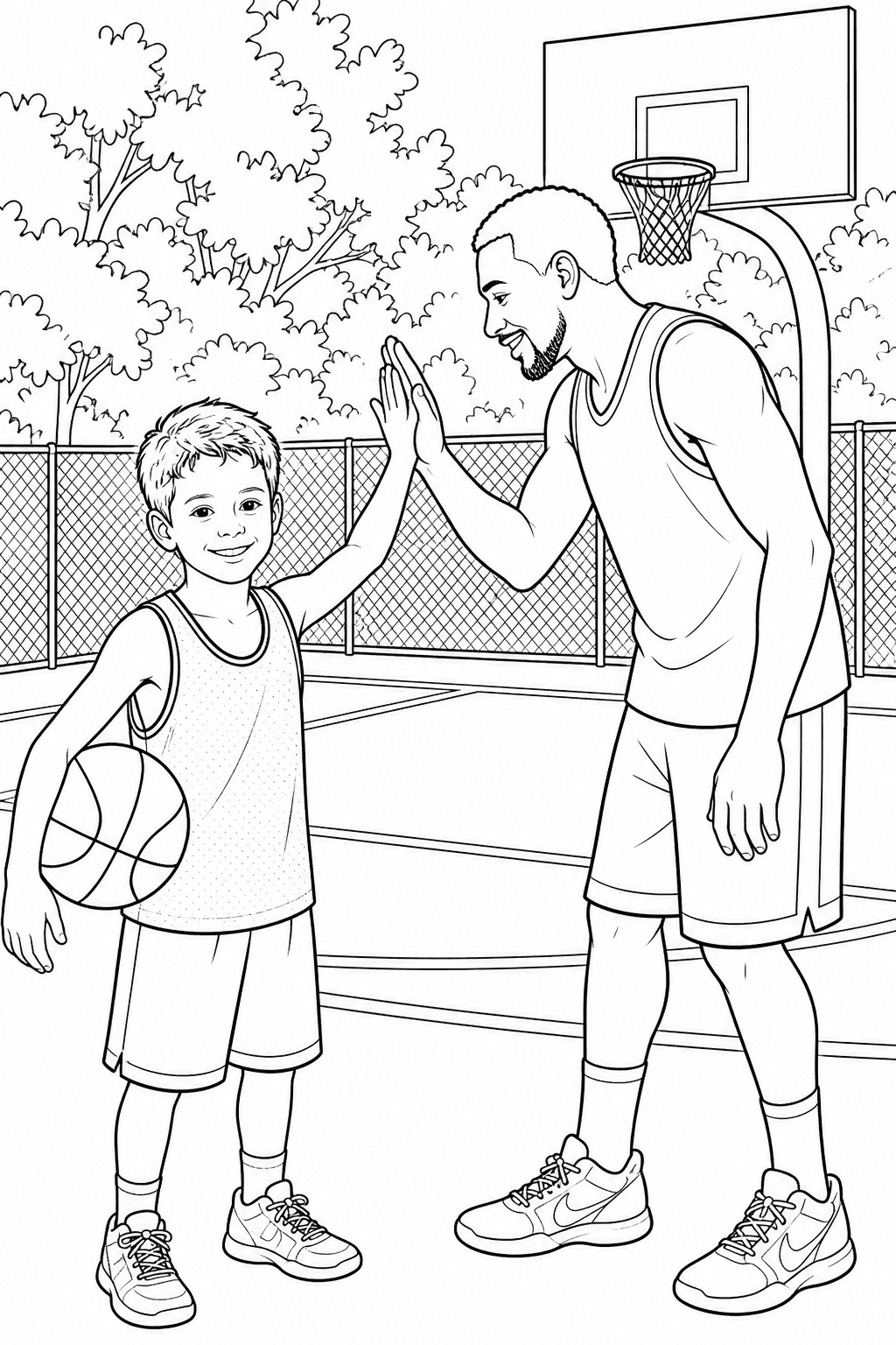 Child giving a basketball star a high-five in a printable court coloring page