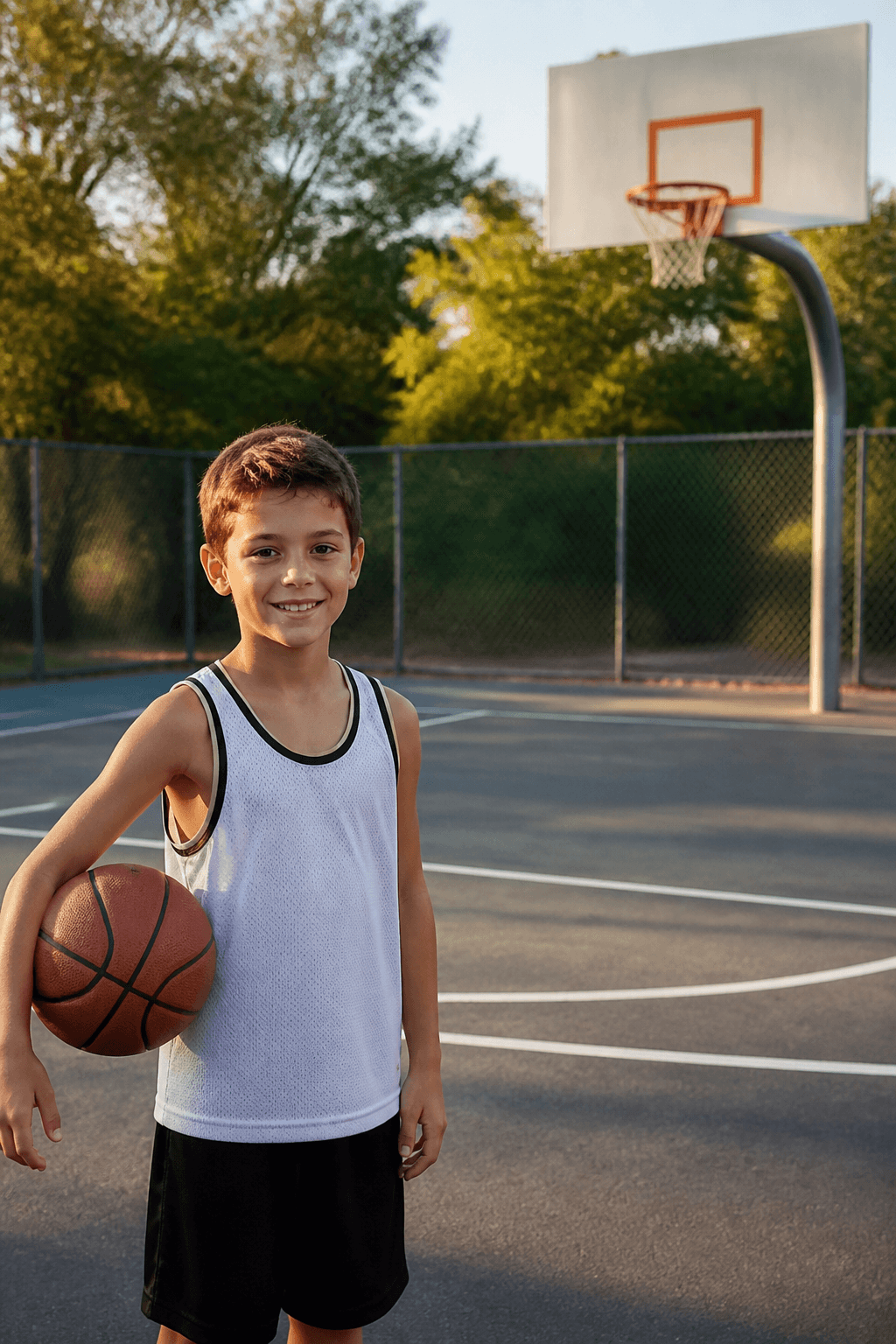 Child holding a basketball on an outdoor court before the prompt edit