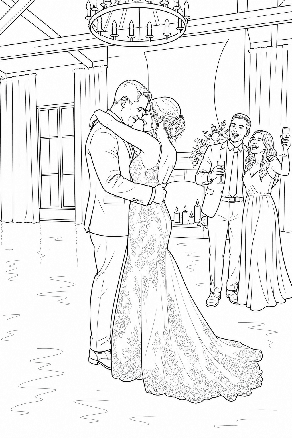 Couple celebrating with friends in a printable wedding coloring page