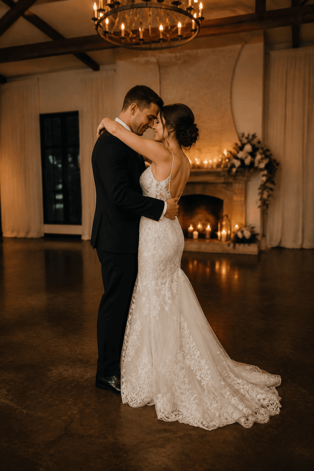 Couple sharing a first dance before the friends prompt edit
