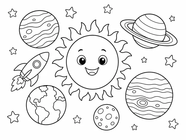 Printable classroom coloring page line art with planets, stars and a rocket