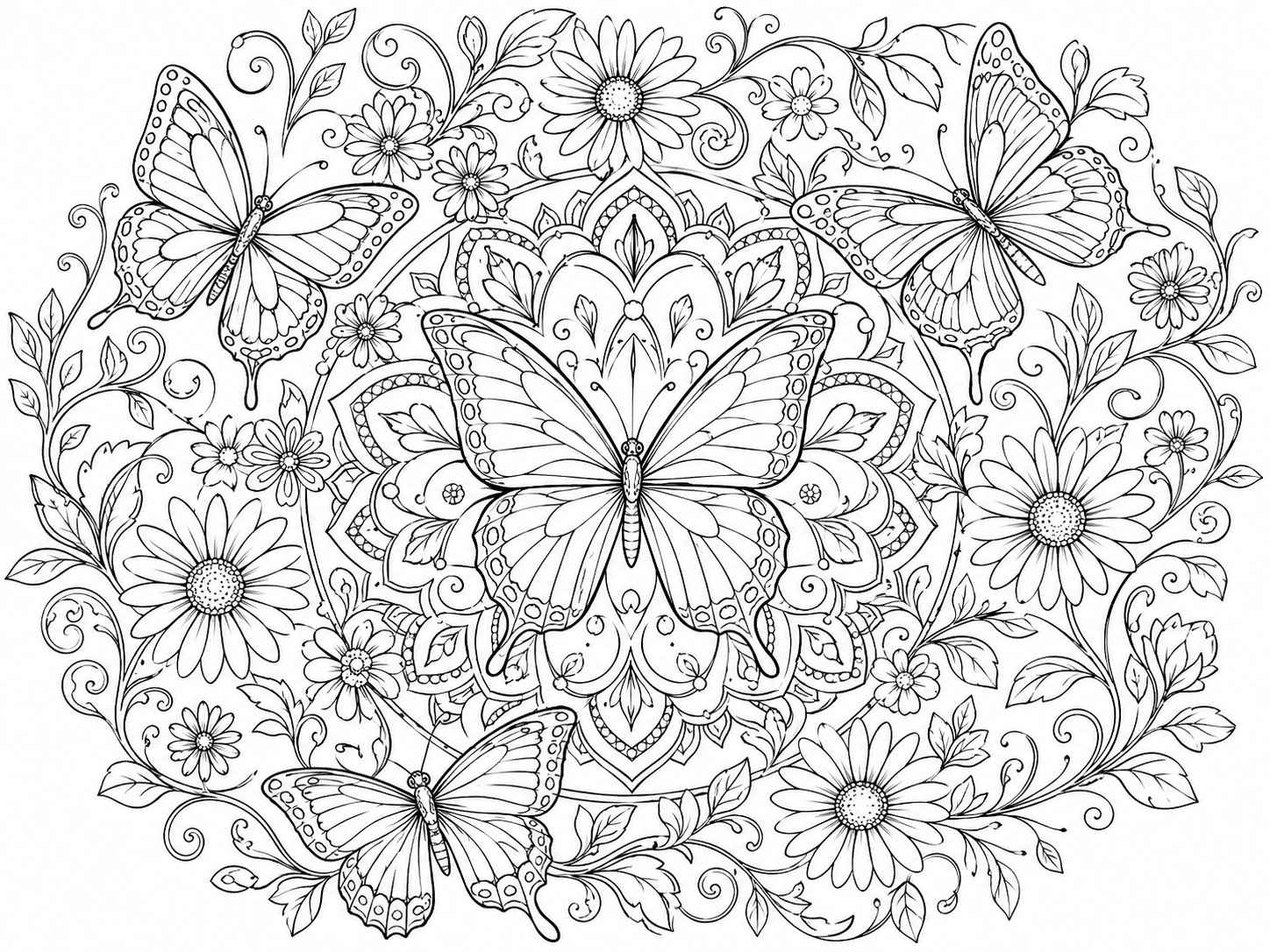 Butterfly Floral Mandala Coloring Page line art example