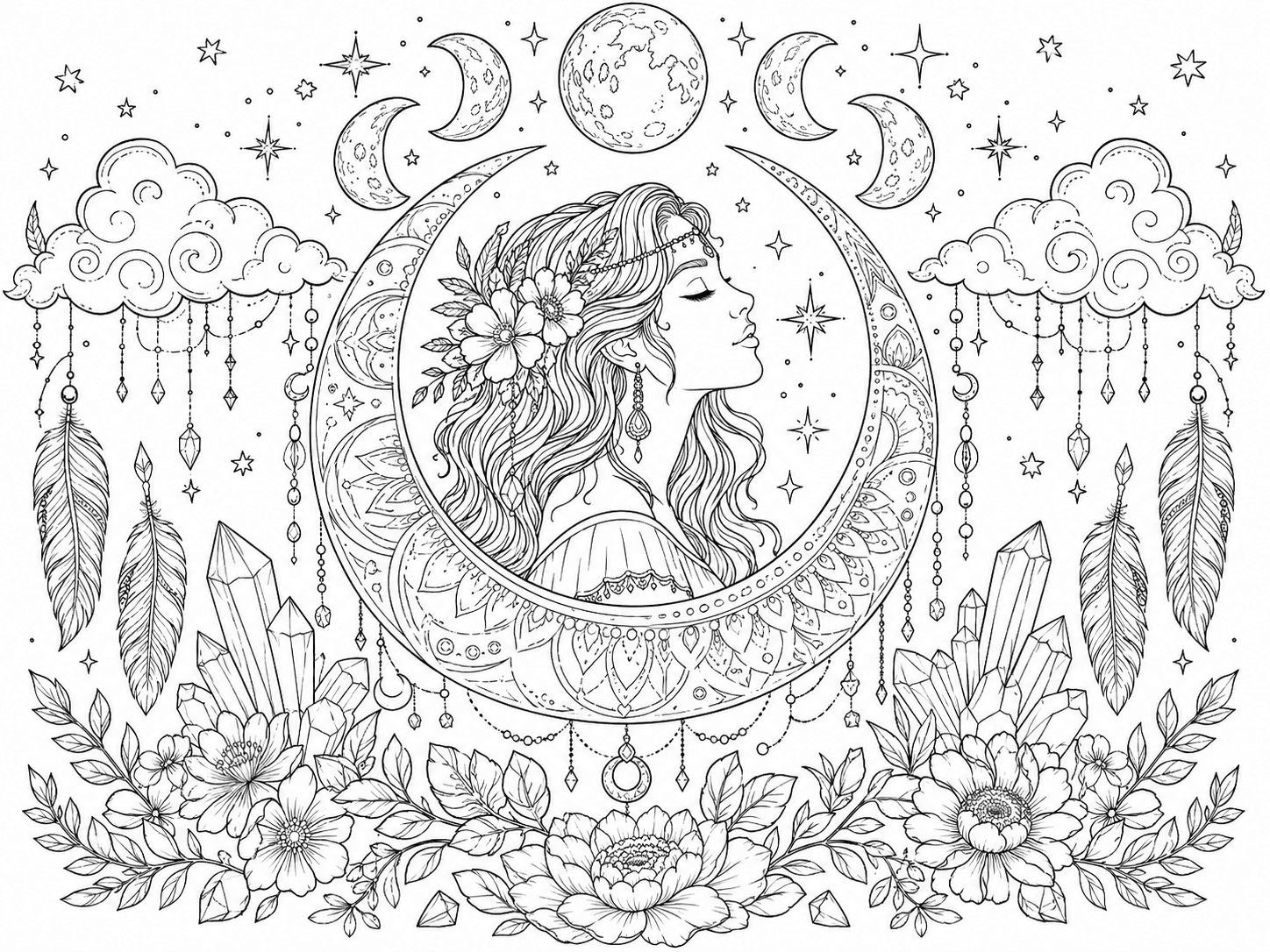 Celestial Moon Goddess Coloring Page line art example
