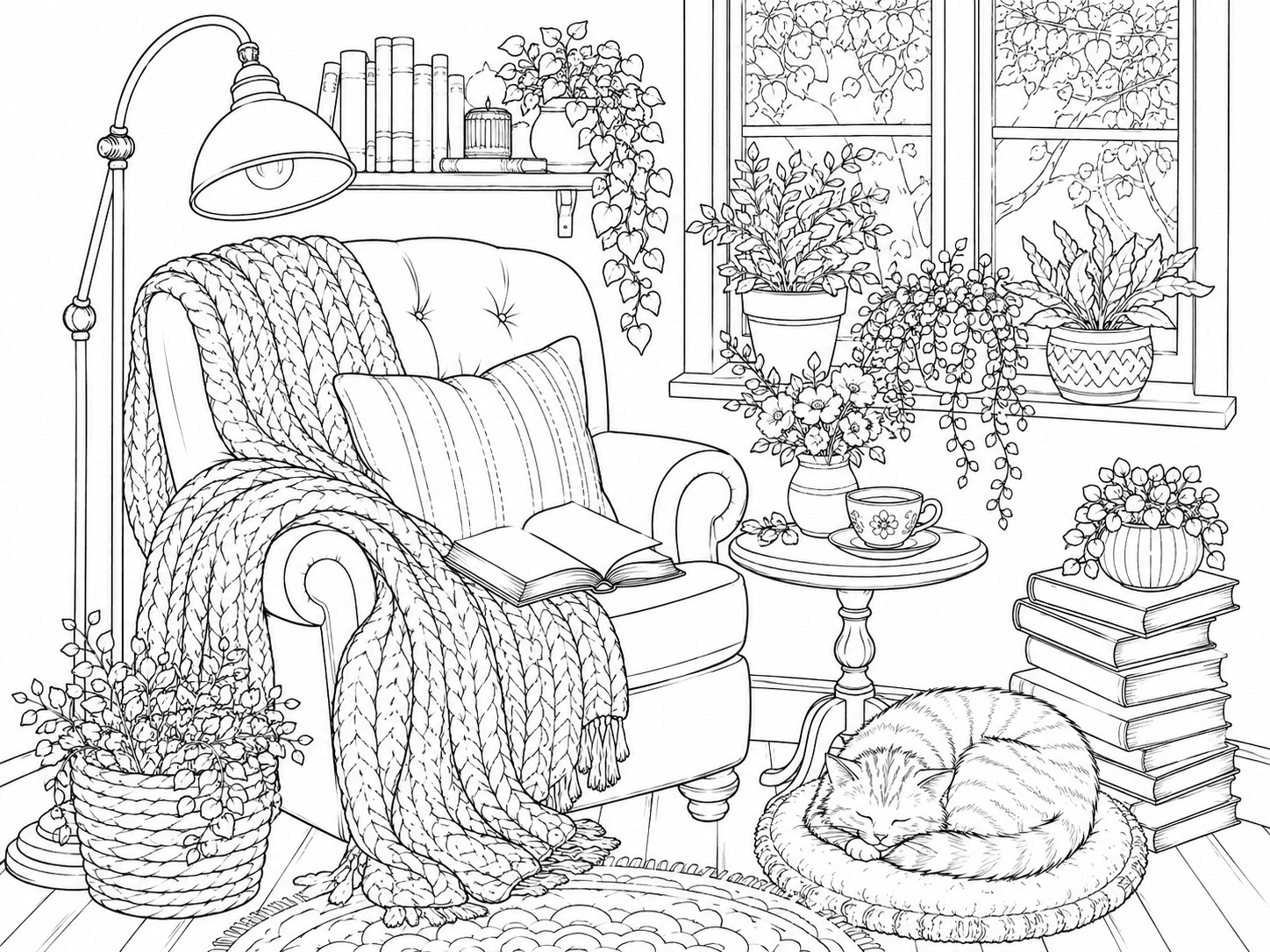 Cozy Reading Corner Coloring Page line art example
