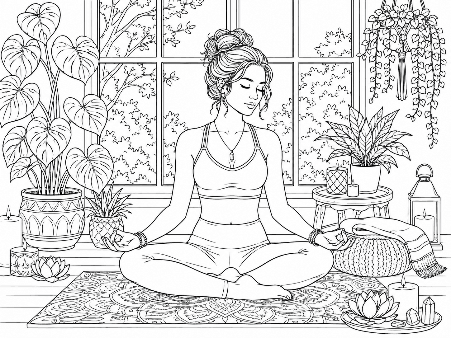 Peaceful Indoor Meditation Coloring Page line art example