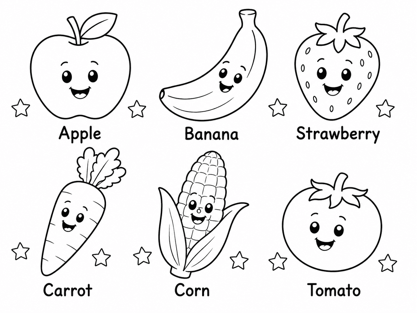 Fruit and Vegetable Vocabulary Page line art example