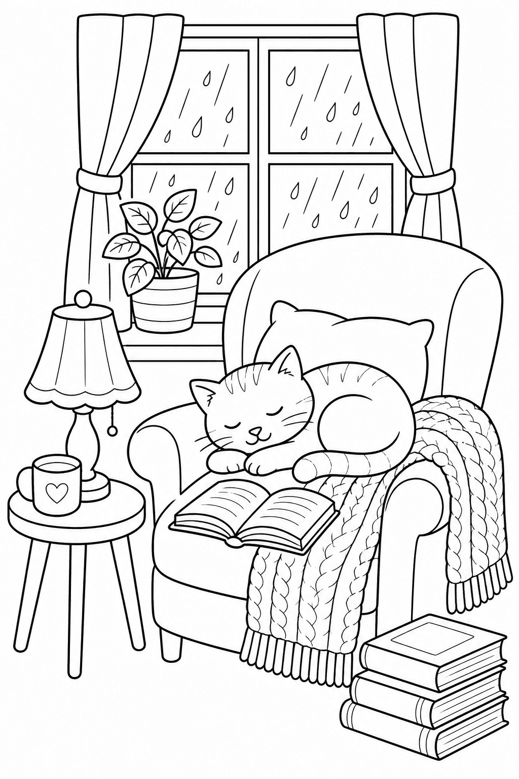 Balanced cozy reading nook with a cat, armchair, books and rainy window