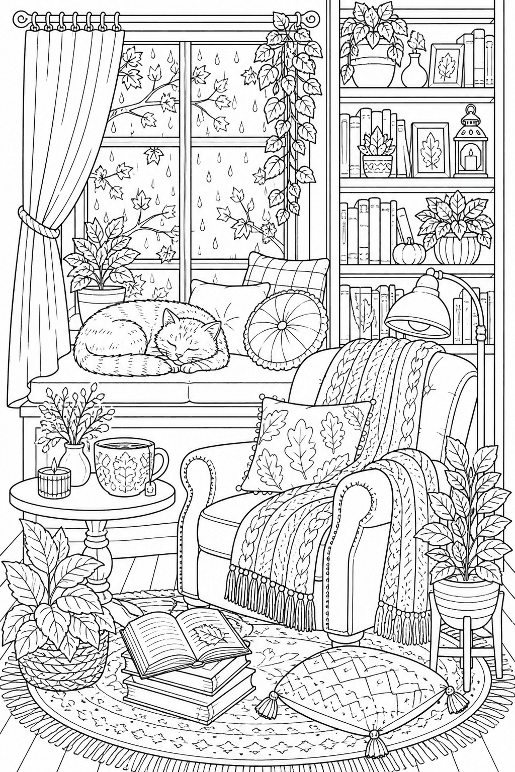 Detailed cozy reading nook with a cat, bookcase, plants and rainy window