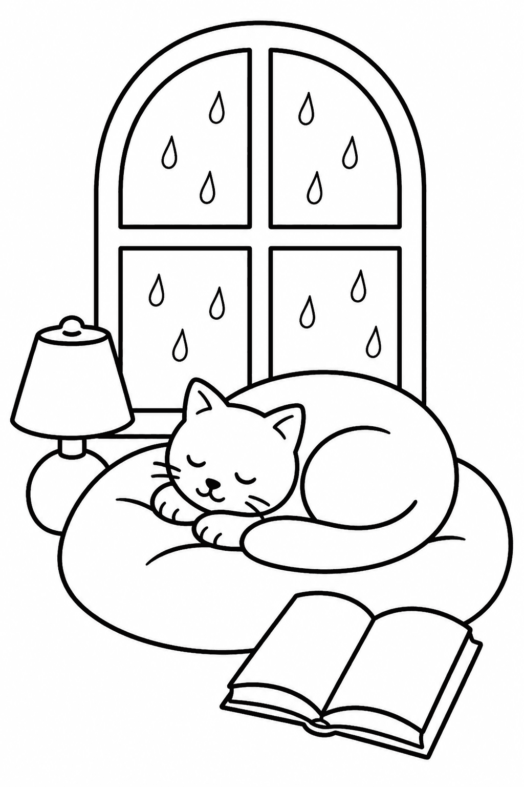 Simple cozy reading nook with a sleeping cat, rainy window and lamp