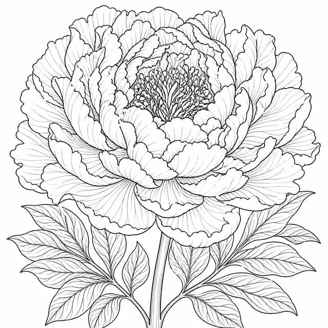 Detailed peony with layered petals and fine botanical lines