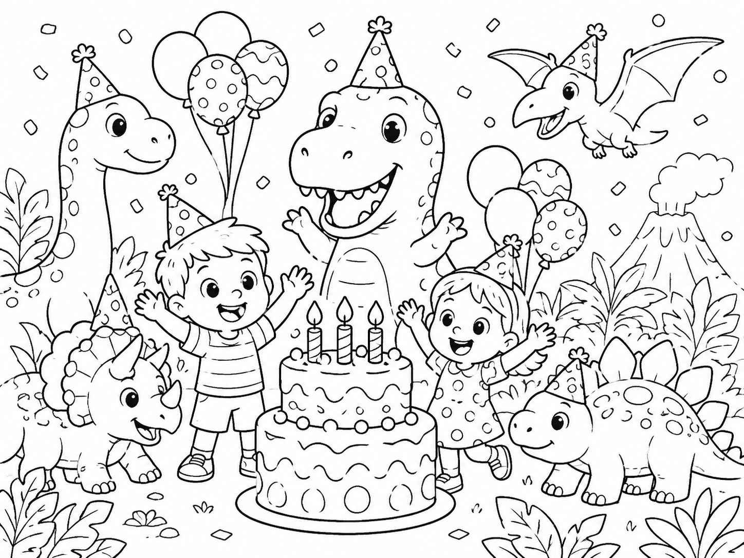 Dinosaur Birthday Party Coloring Page line art example