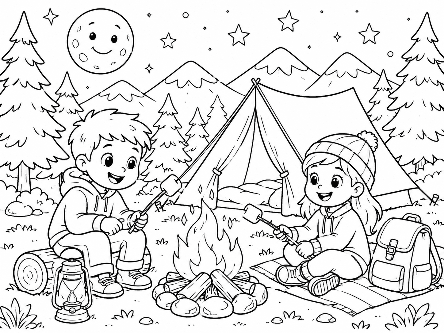 Moonlight Camping Coloring Page line art example
