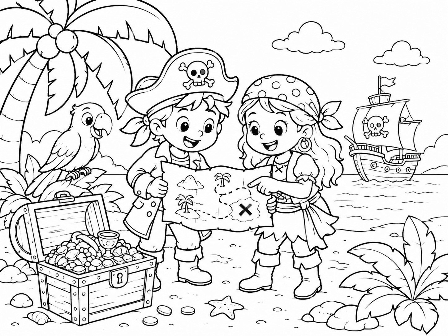 Pirate Treasure Hunt Coloring Page line art example