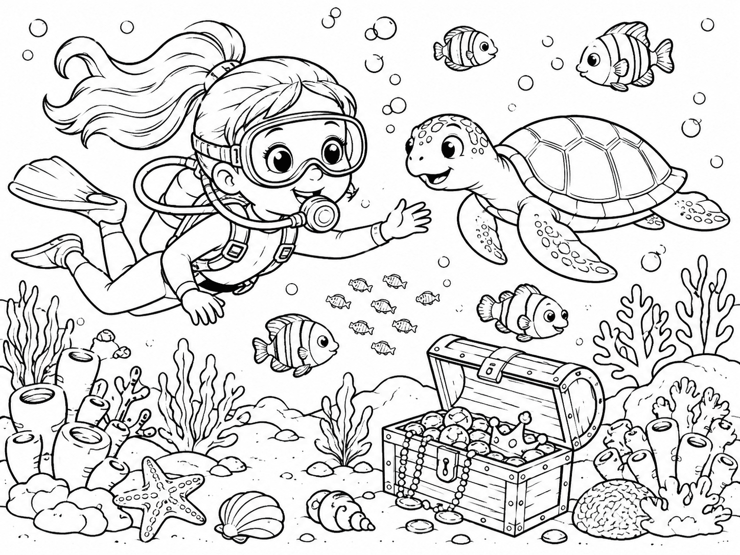 Underwater Treasure Adventure Coloring Page line art example