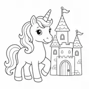 Unicorn and castle cartoon fantasy coloring-page style