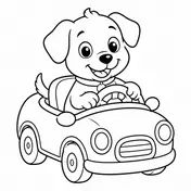 Puppy driving a toy car cartoon coloring-page style