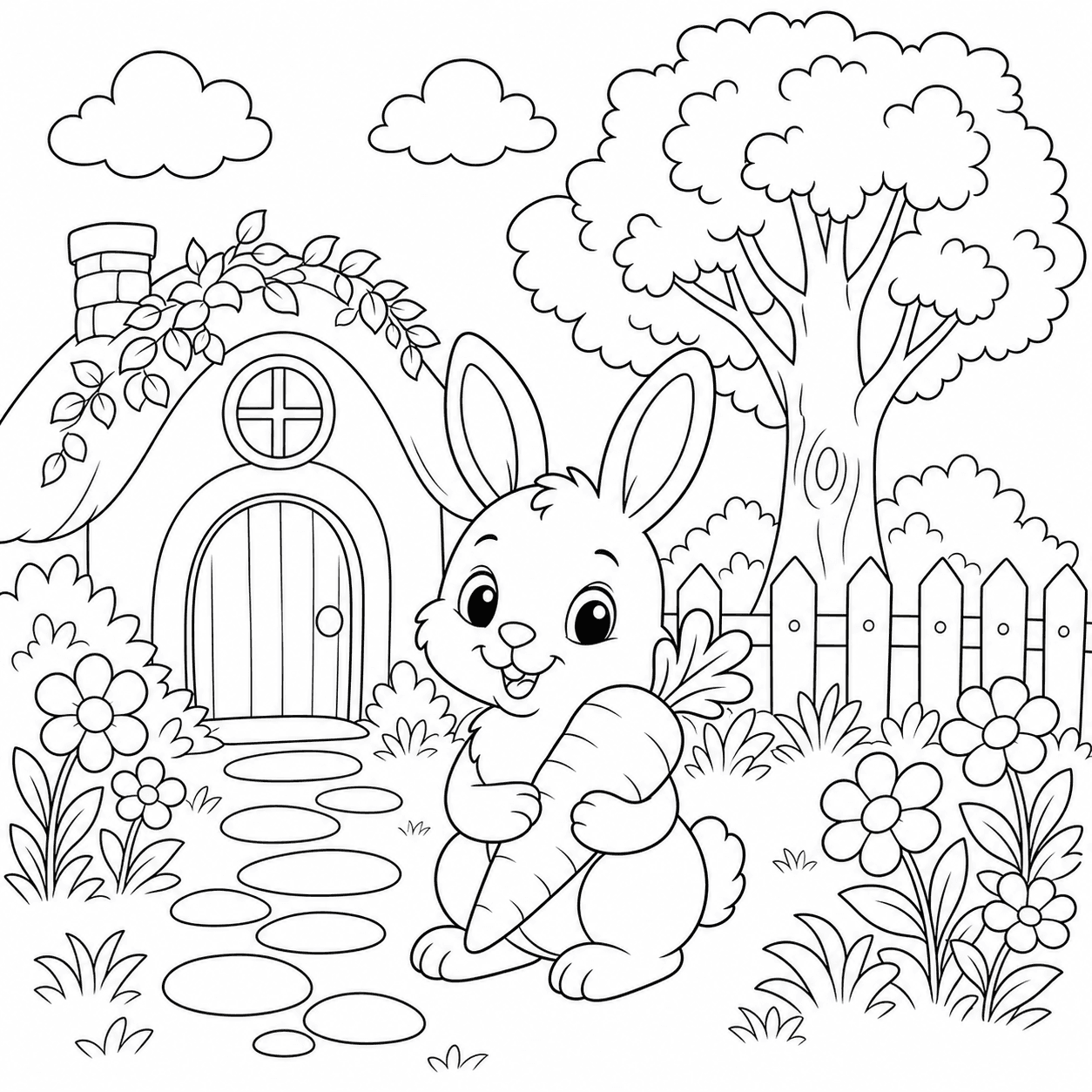 Printable rabbit in a cottage garden coloring page generated from text