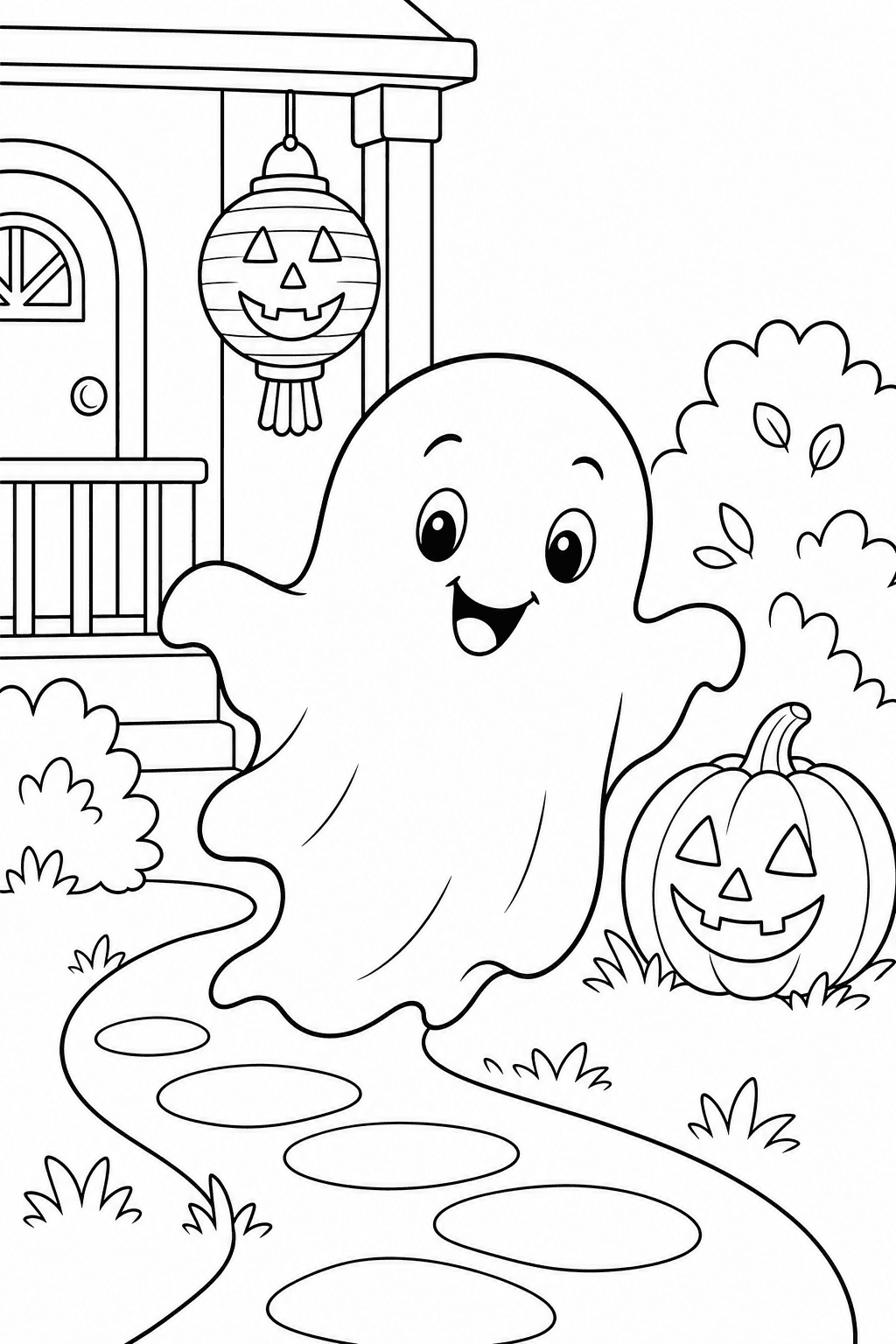 Cheerful ghost following a pumpkin-lit path beside a porch and autumn trees