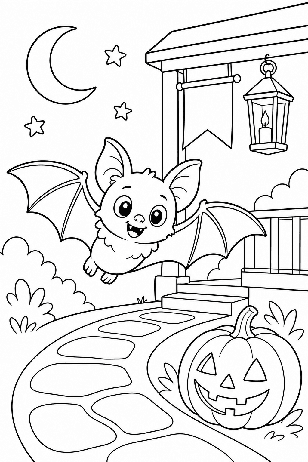 Cute bat flying above a pumpkin beside a moon, stars and a lantern-lit porch