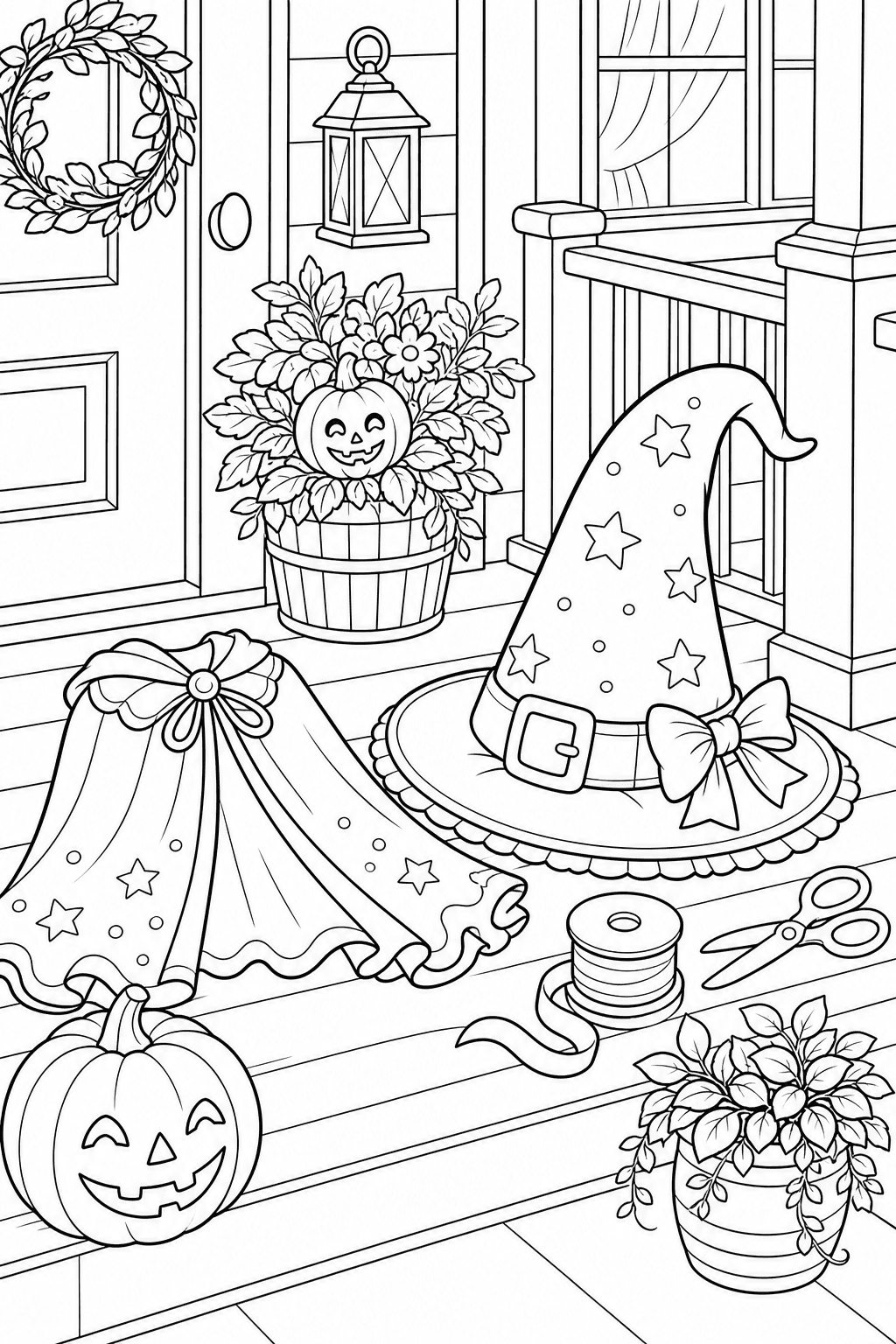 Halloween witch hat and costume pieces arranged on a decorated porch with a lantern