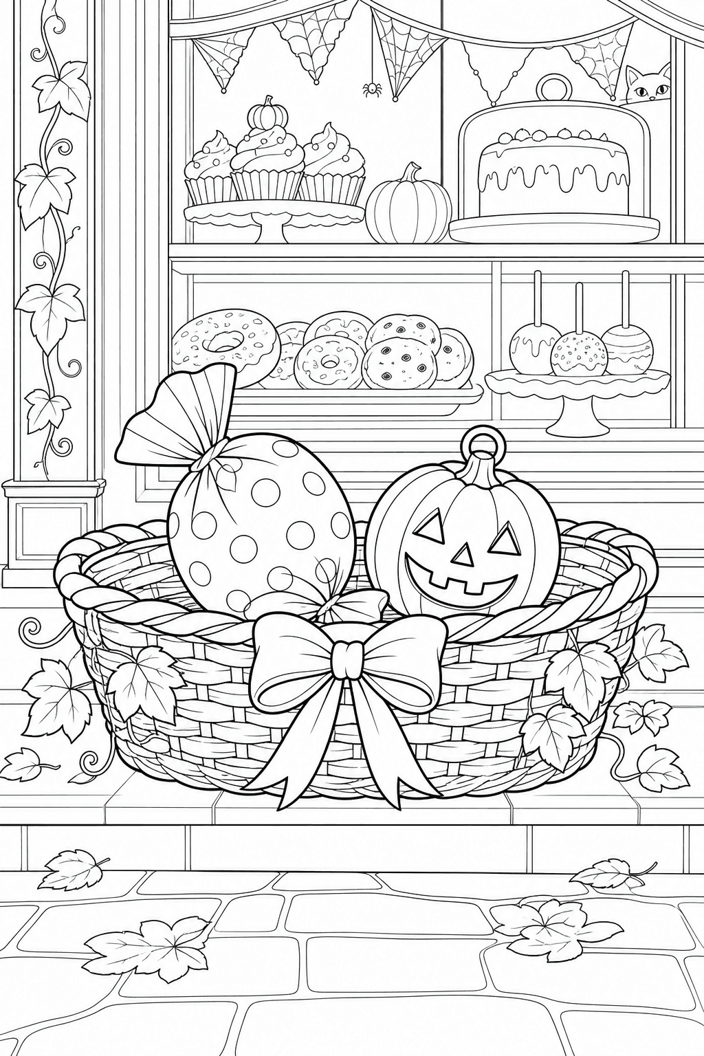 Trick-or-treat basket with a pumpkin, wrapped treat and decorated Halloween bakery display
