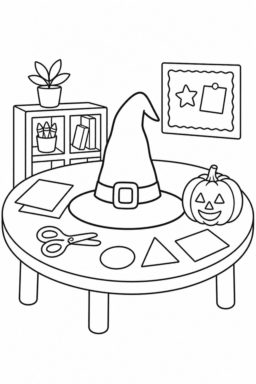 Halloween witch hat and pumpkin on a craft table with scissors, paper and a small shelf